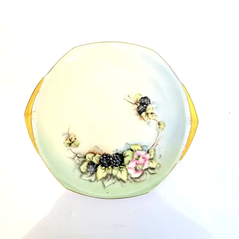 Vintage M Z Austria Painted Trinket Plate Black Berry Flowers Leaves Gold Accent